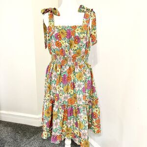 Umgee Dress Womens Size Large Tie Shoulder Retro Floral Lightweight Smocked